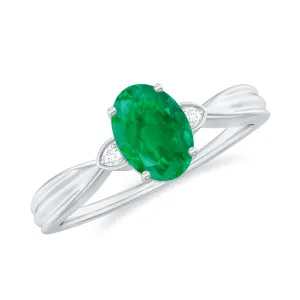Oval Cut Real Emerald Solitaire Ring with Diamond
