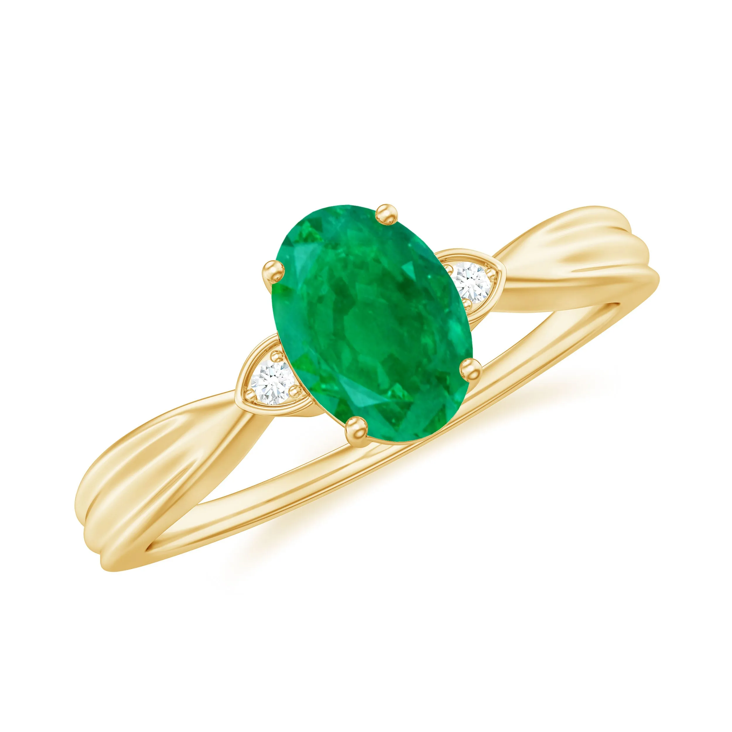 Oval Cut Real Emerald Solitaire Ring with Diamond