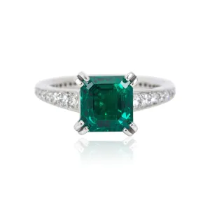 Platinum Emerald and Round Brilliant Diamond Ring 0.44CTW