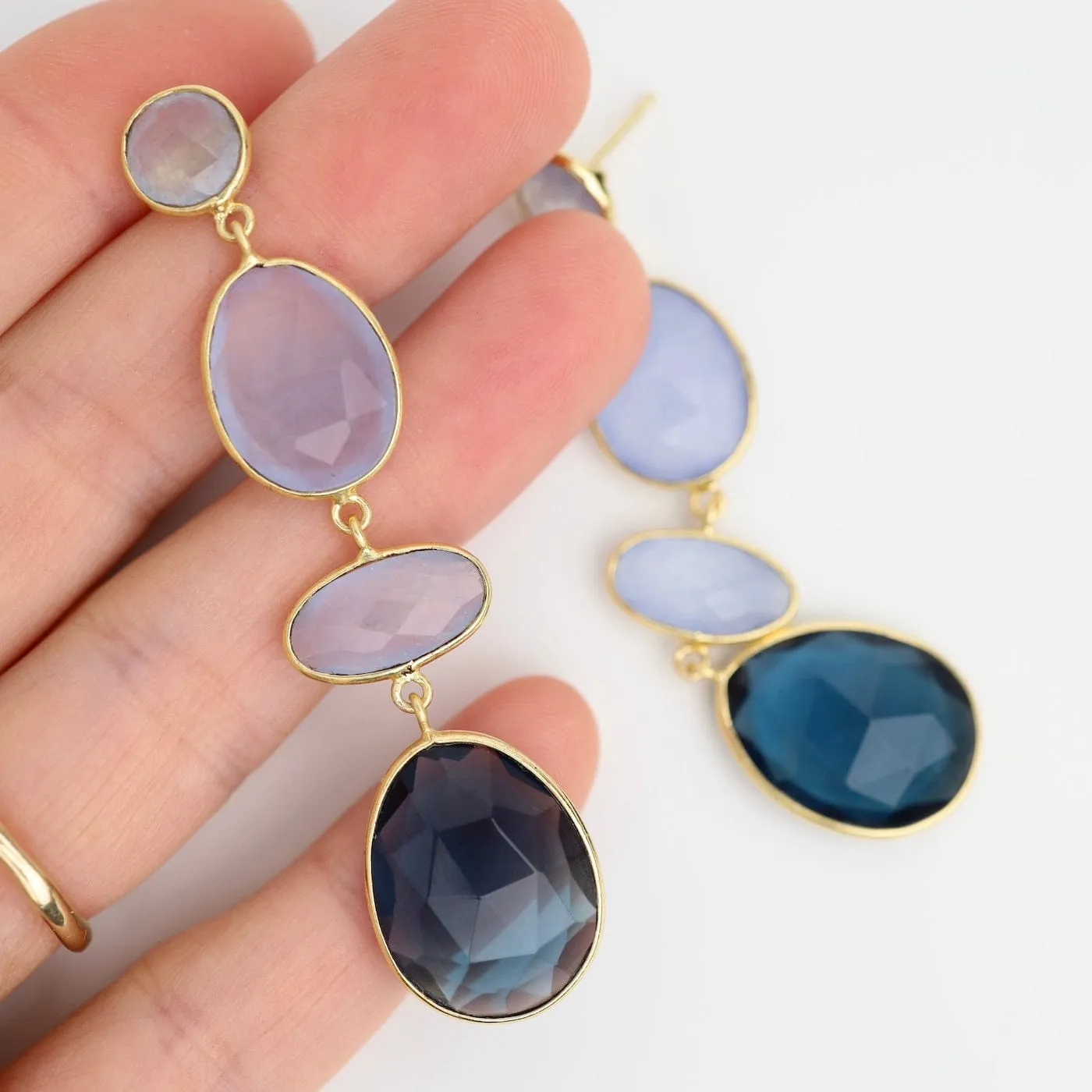Purple Jade & Blue Iolite Long Gold Earrings