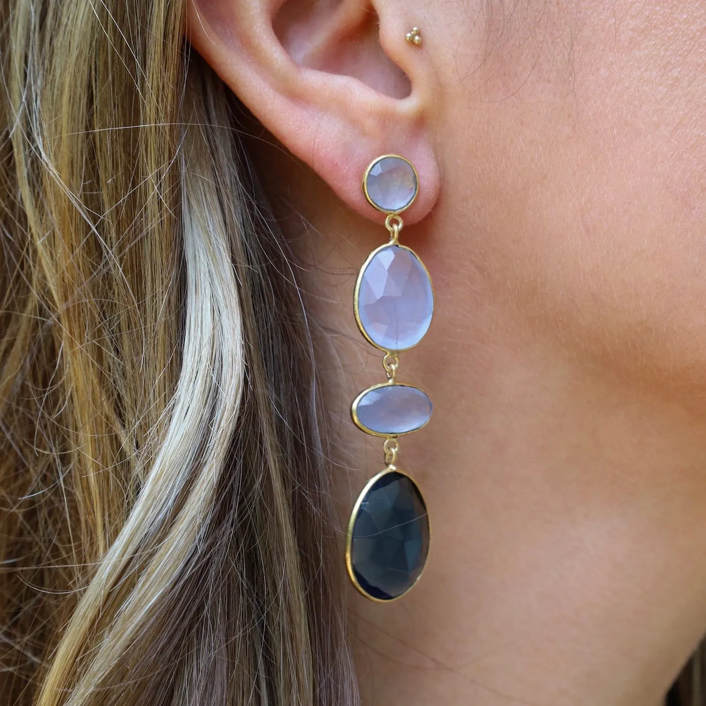 Purple Jade & Blue Iolite Long Gold Earrings