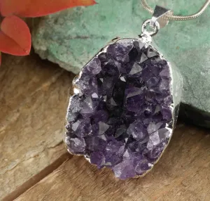 Raw AMETHYST Druzy Crystal Pendant - Birthstone Gemstone Handmade Jewelry, Healing Crystals and Stones, Gift for Her,  E0280
