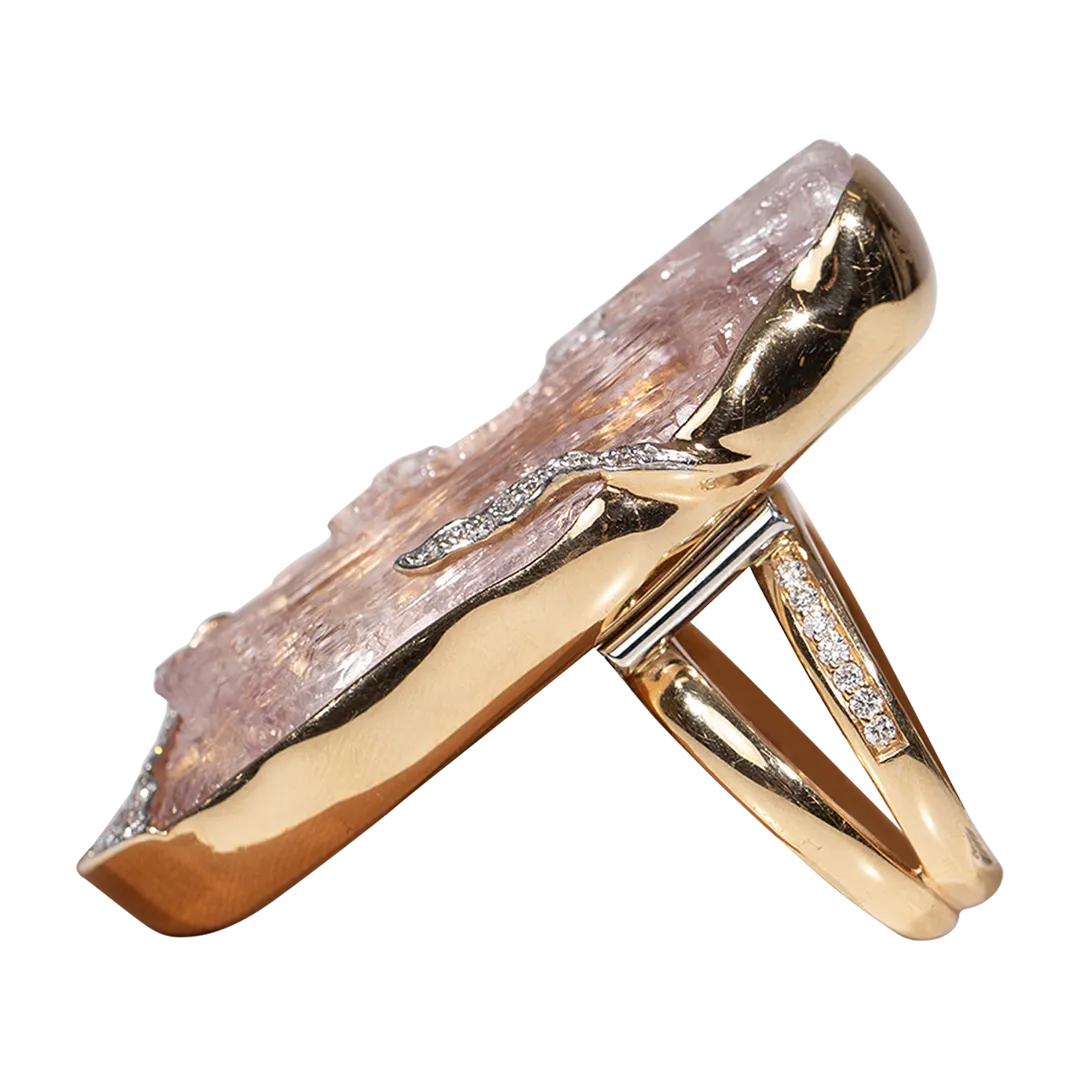 Raw Kunzite and Diamond Ring
