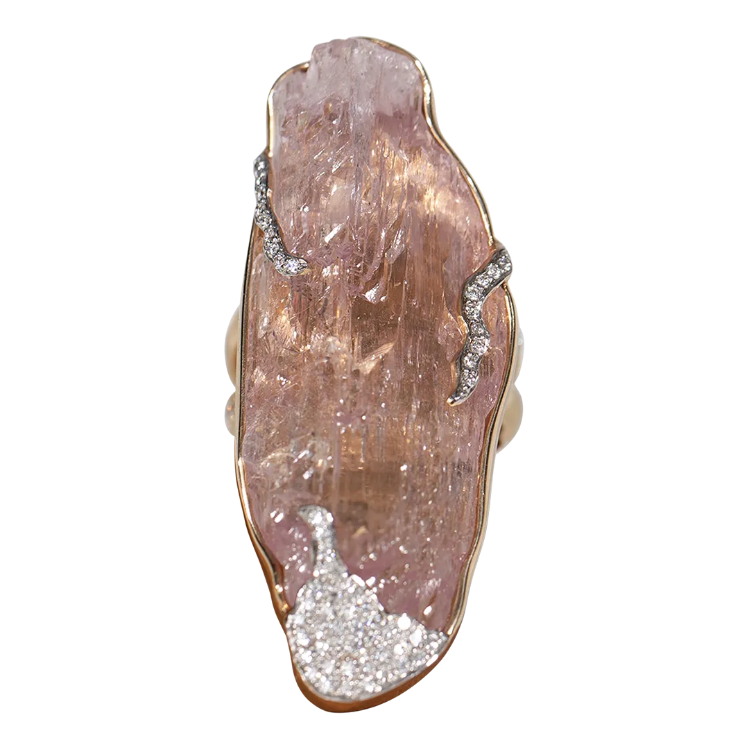 Raw Kunzite and Diamond Ring
