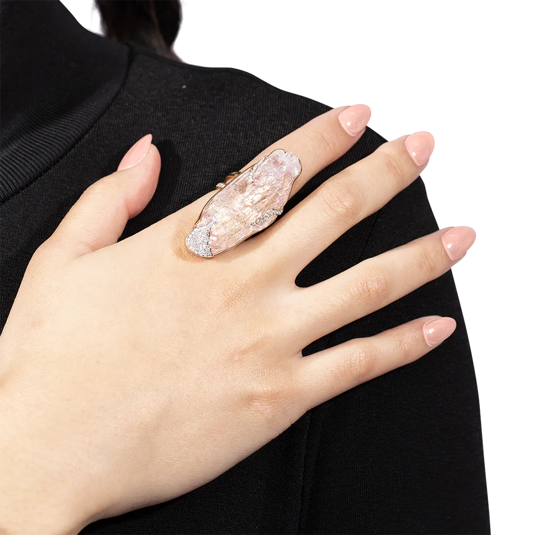 Raw Kunzite and Diamond Ring