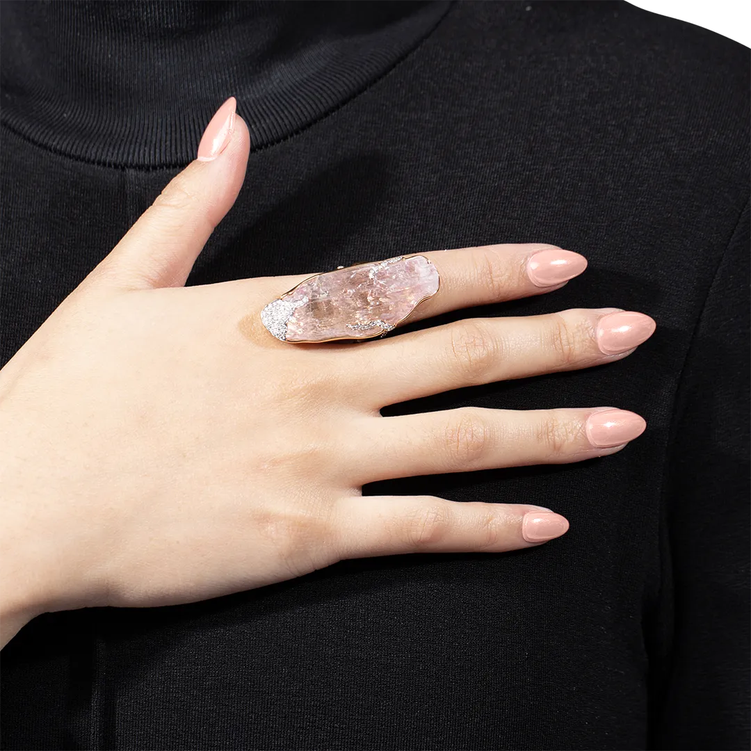 Raw Kunzite and Diamond Ring
