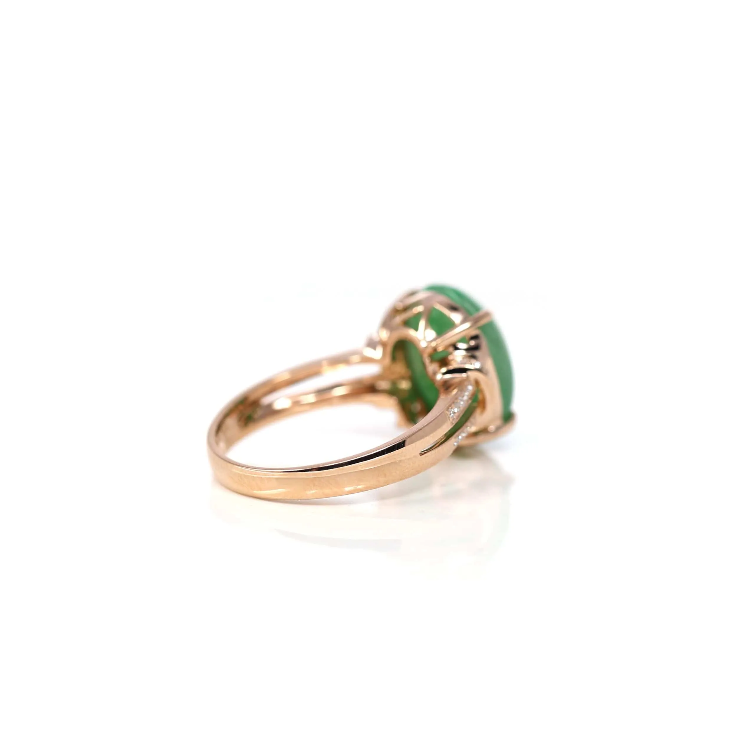 RealJade® Co.18k Rose Gold Natural Imperial Green Oval Jadeite Jade Engagement Ring With Diamonds