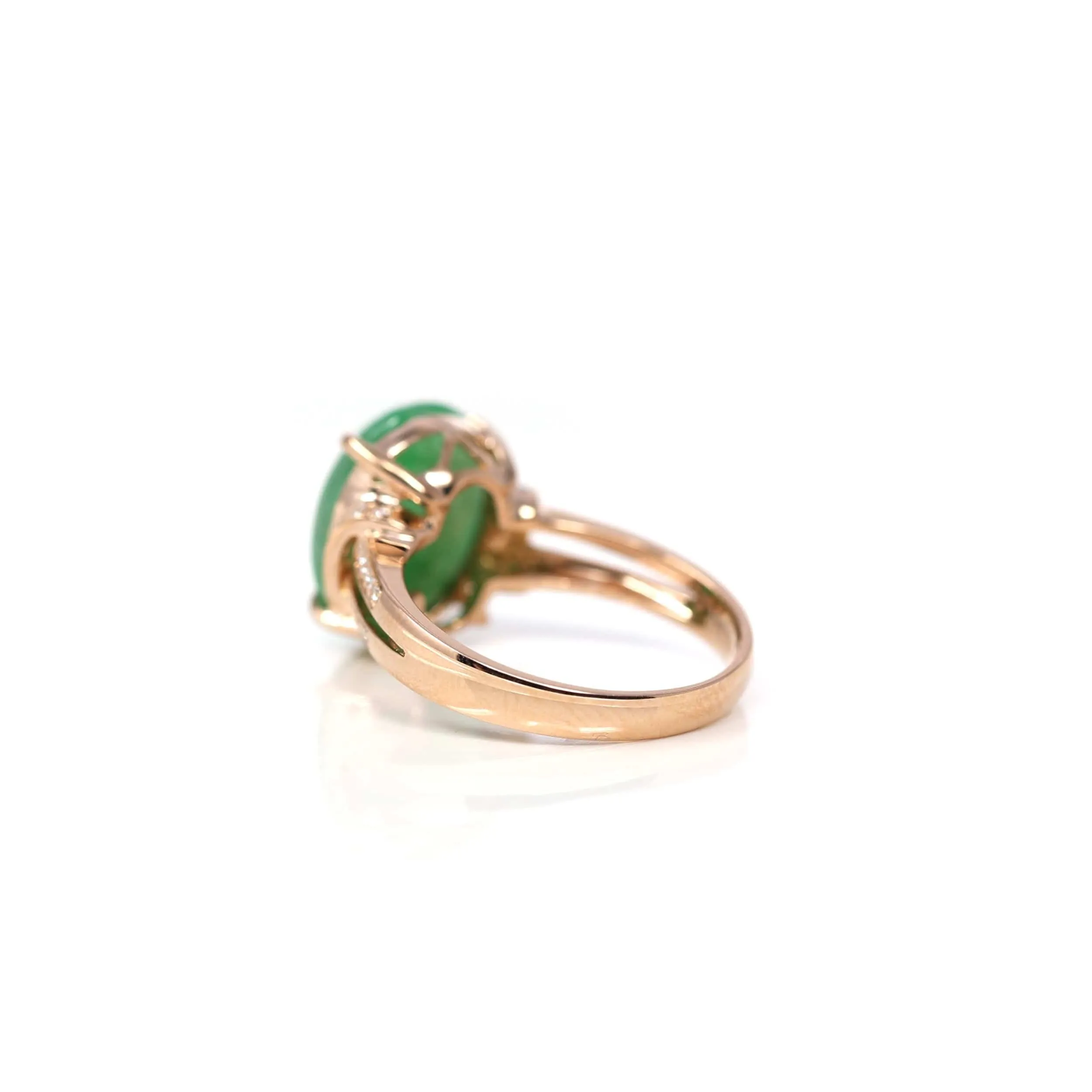 RealJade® Co.18k Rose Gold Natural Imperial Green Oval Jadeite Jade Engagement Ring With Diamonds