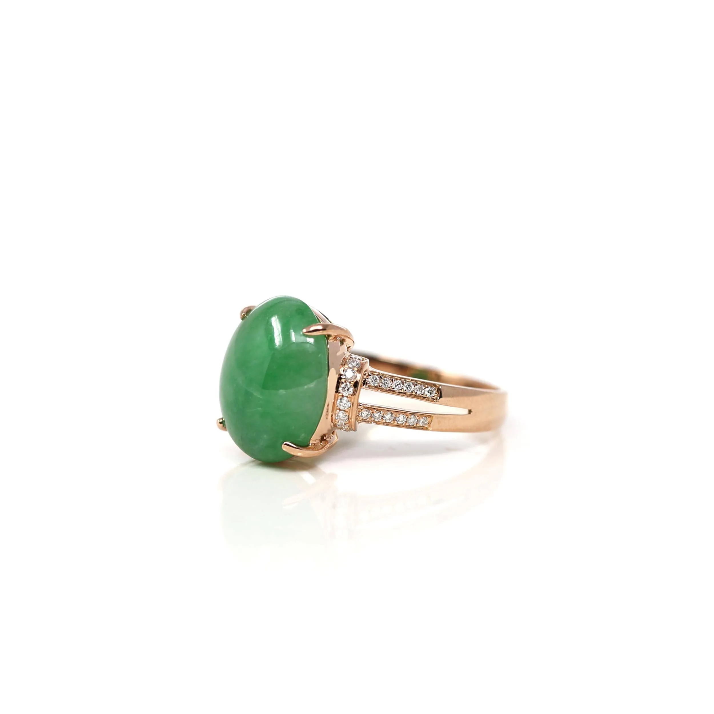 RealJade® Co.18k Rose Gold Natural Imperial Green Oval Jadeite Jade Engagement Ring With Diamonds