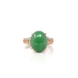 RealJade® Co.18k Rose Gold Natural Imperial Green Oval Jadeite Jade Engagement Ring With Diamonds