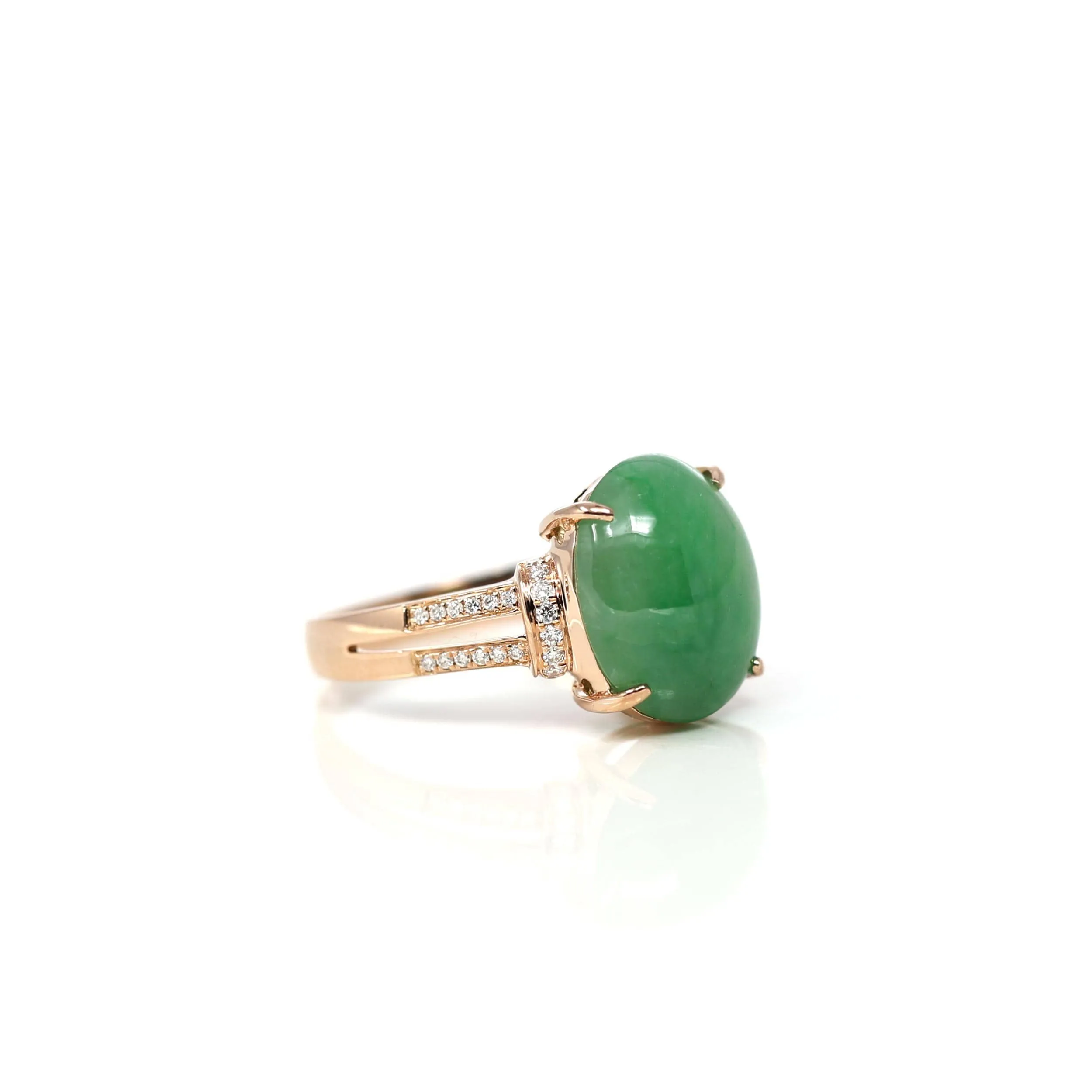 RealJade® Co.18k Rose Gold Natural Imperial Green Oval Jadeite Jade Engagement Ring With Diamonds