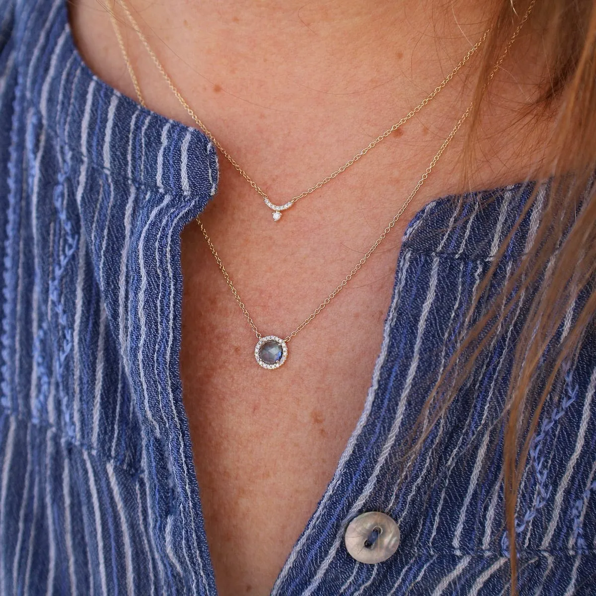 Rose Cut London Blue Topaz with White Diamond Halo Necklace