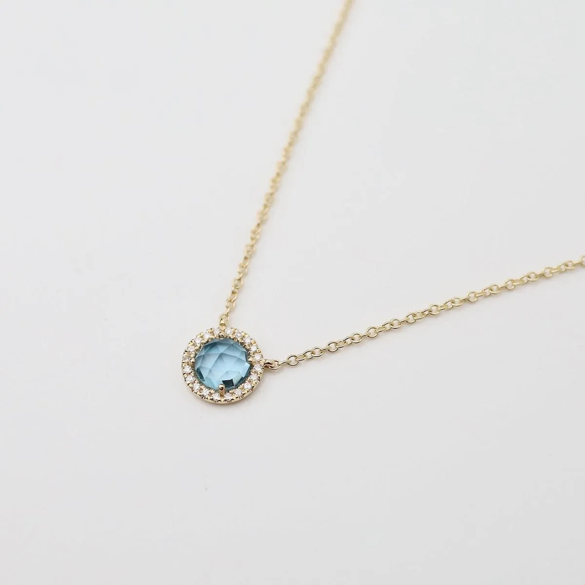 Rose Cut London Blue Topaz with White Diamond Halo Necklace