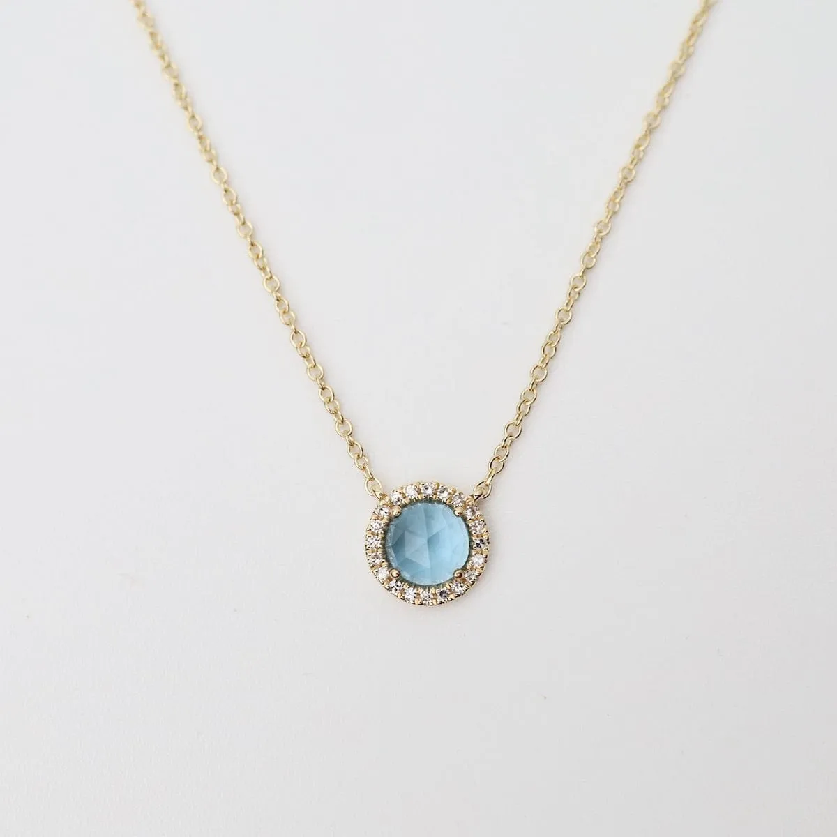 Rose Cut London Blue Topaz with White Diamond Halo Necklace