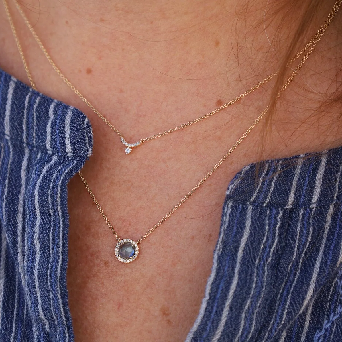 Rose Cut London Blue Topaz with White Diamond Halo Necklace
