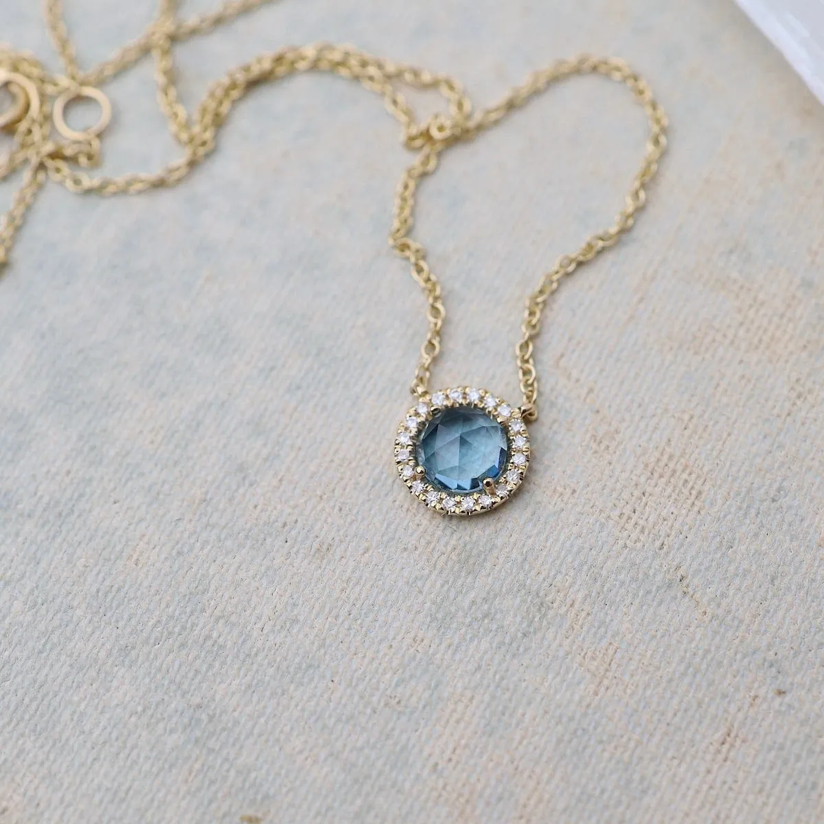 Rose Cut London Blue Topaz with White Diamond Halo Necklace