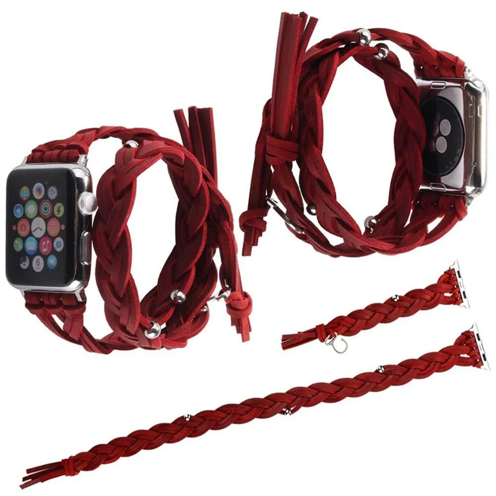 Silver Apple Watch Leather Band Double Handmade women Braided Strap