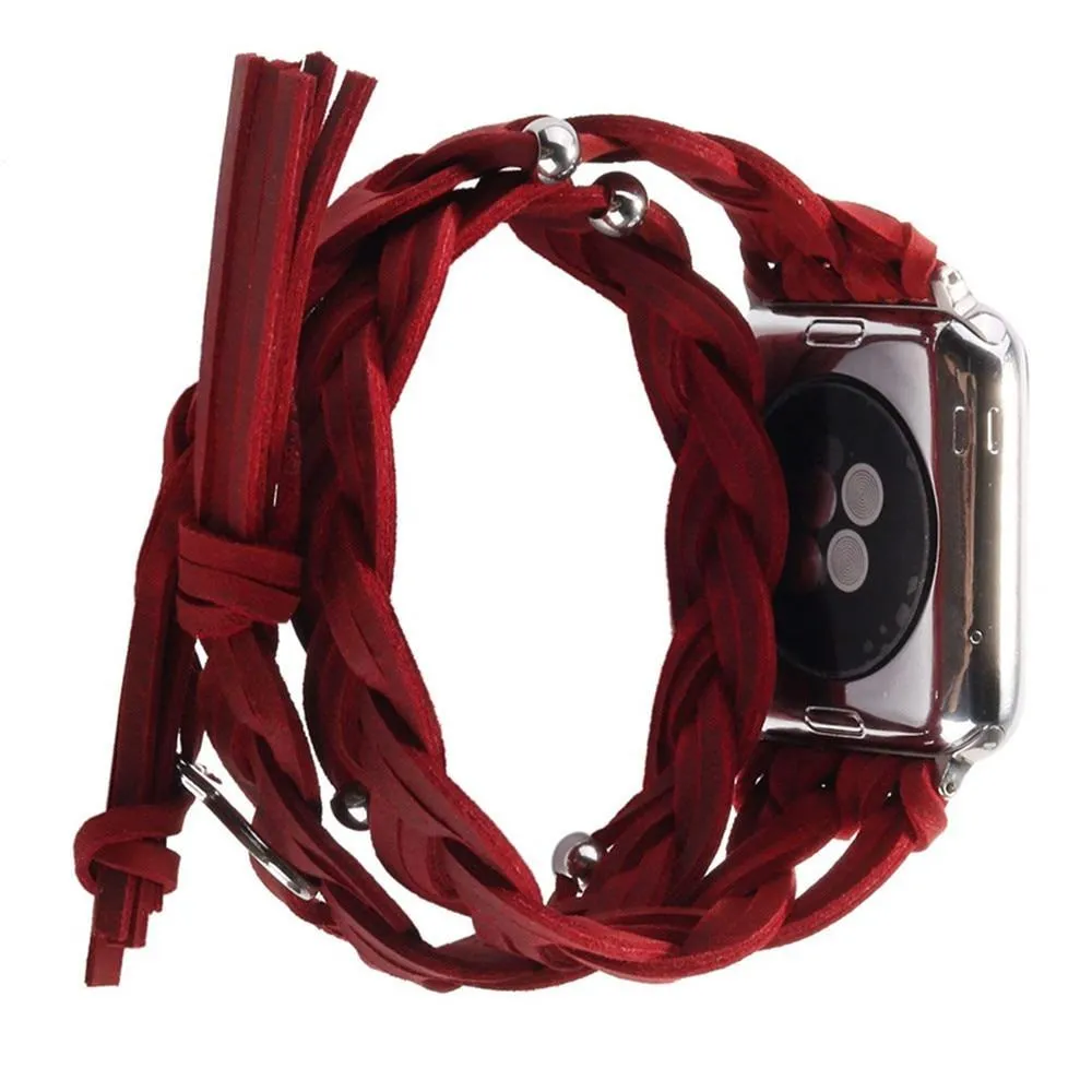 Silver Apple Watch Leather Band Double Handmade women Braided Strap