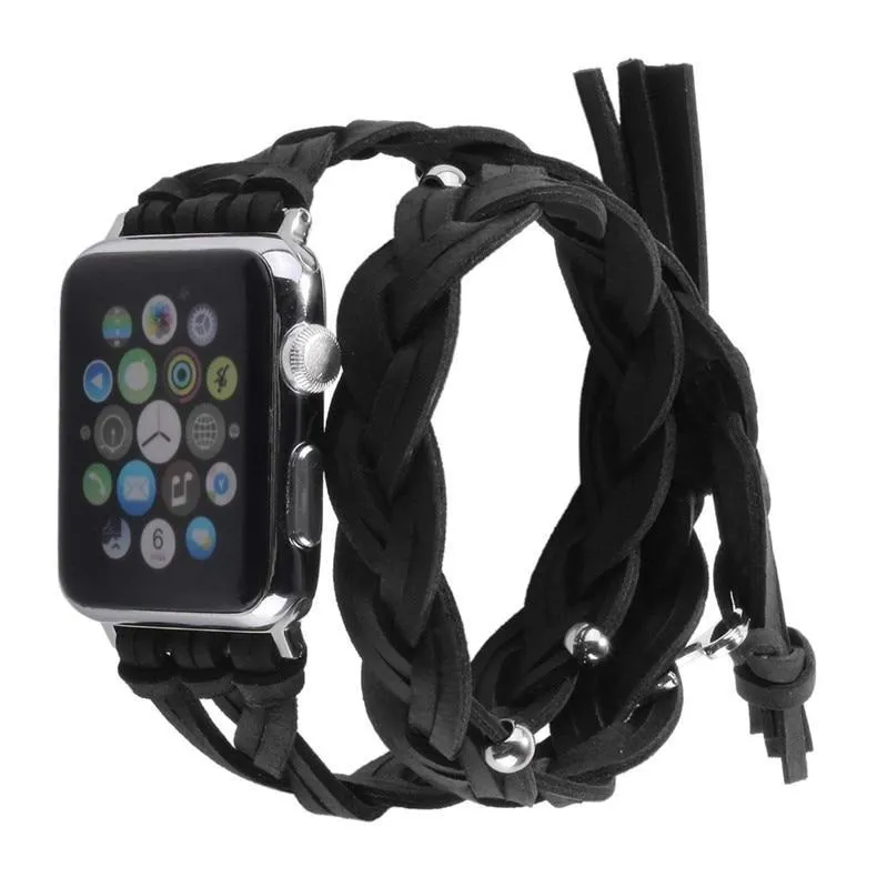 Silver Apple Watch Leather Band Double Handmade women Braided Strap