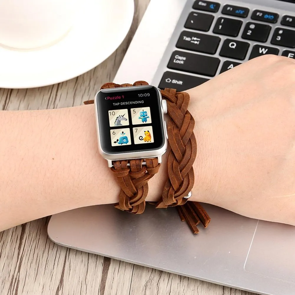 Silver Apple Watch Leather Band Double Handmade women Braided Strap