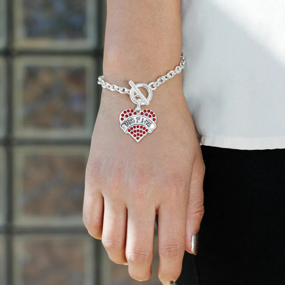Silver Baby's 1st X-Mas Red Red Pave Heart Charm Toggle Bracelet