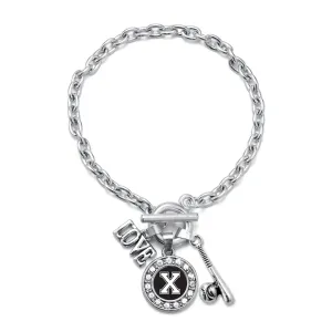 Silver Baseball Bat - Sports Initial X Circle Charm Toggle Bracelet