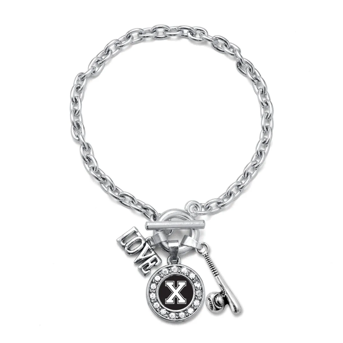 Silver Baseball Bat - Sports Initial X Circle Charm Toggle Bracelet
