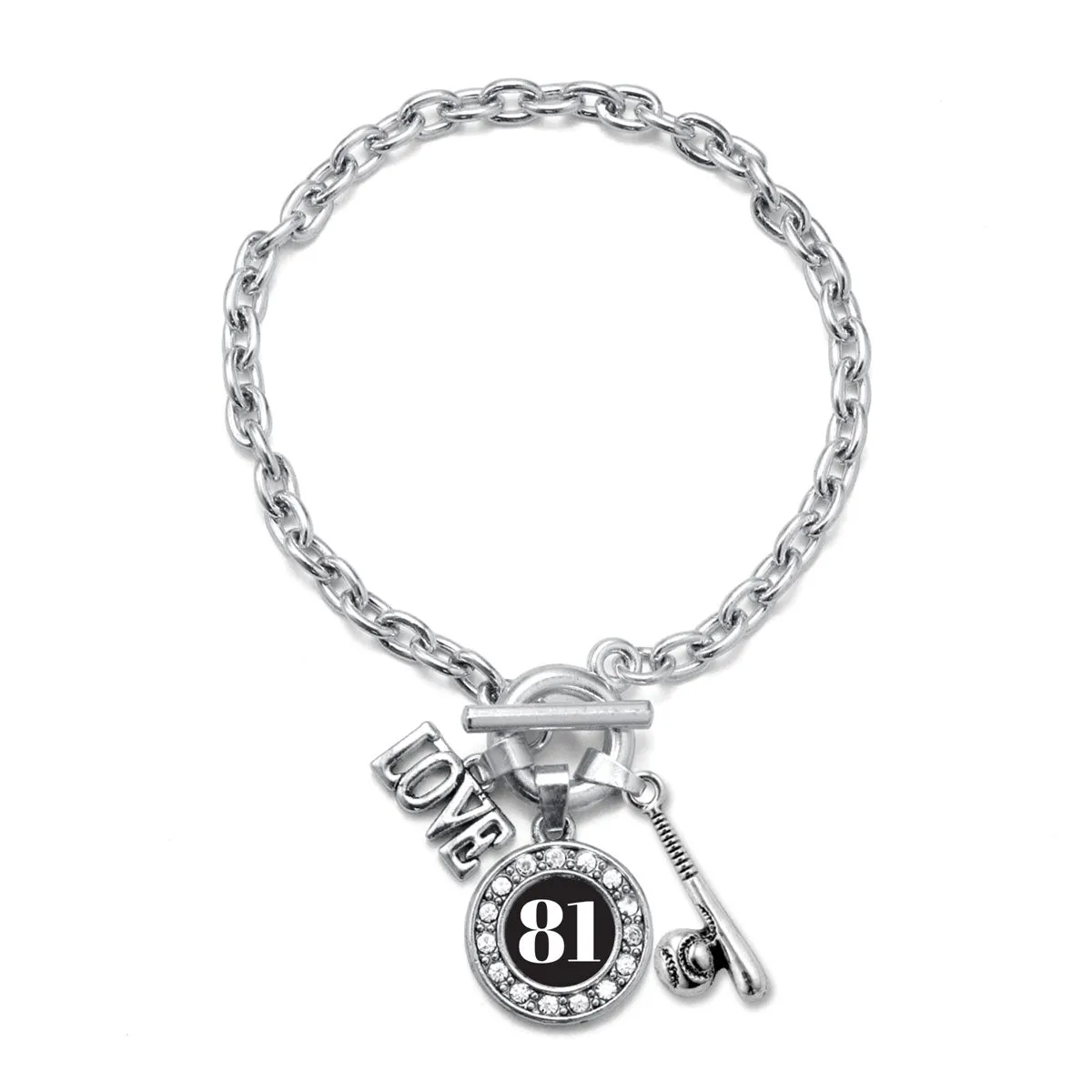 Silver Baseball Bat - Sports Number 81 Circle Charm Toggle Bracelet