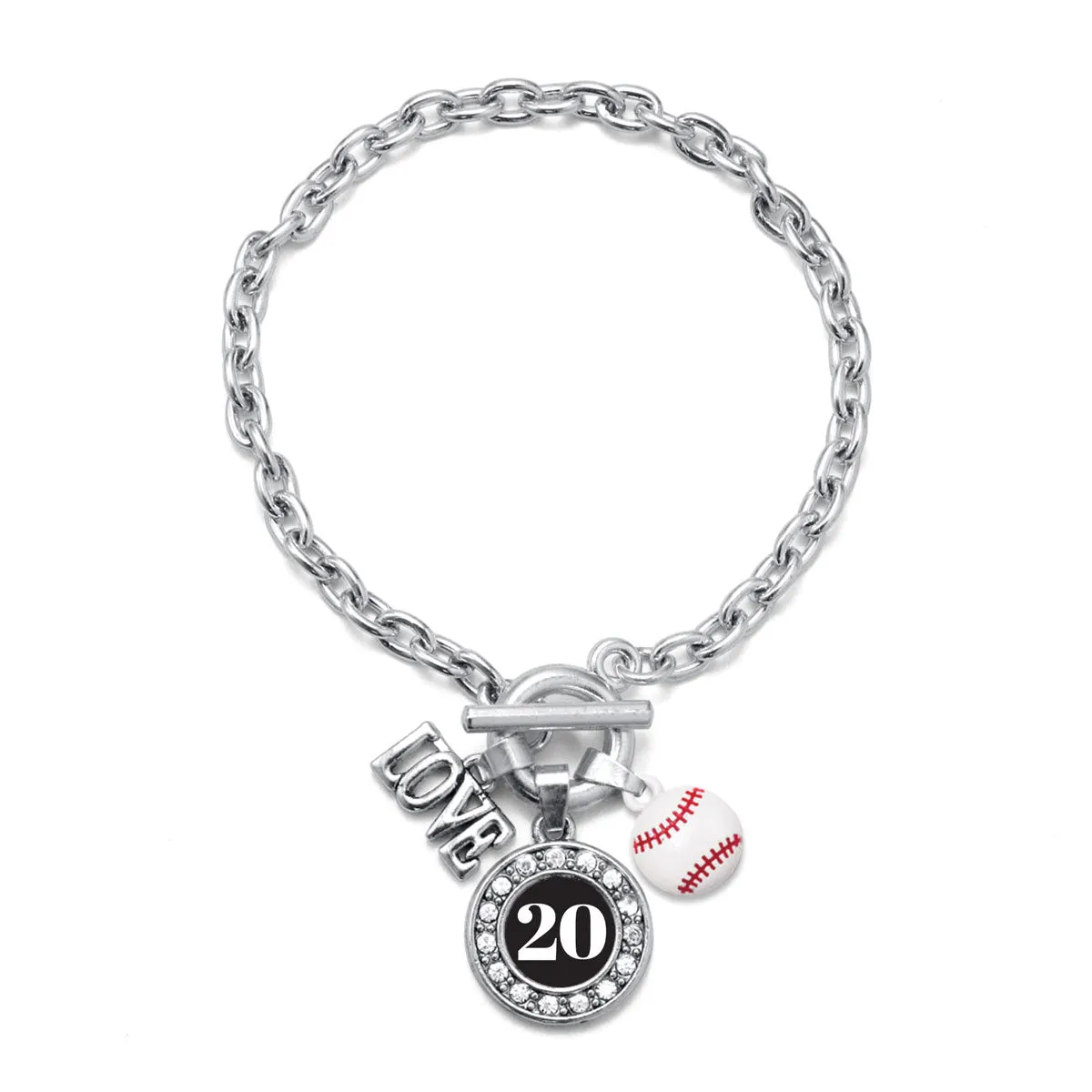 Silver Baseball - Sports Number 20 Circle Charm Toggle Bracelet