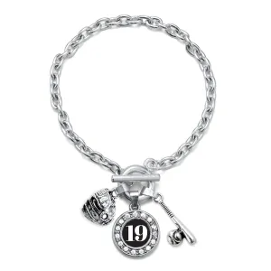 Silver Baseball/Softball - Sports Number 19 Circle Charm Toggle Bracelet