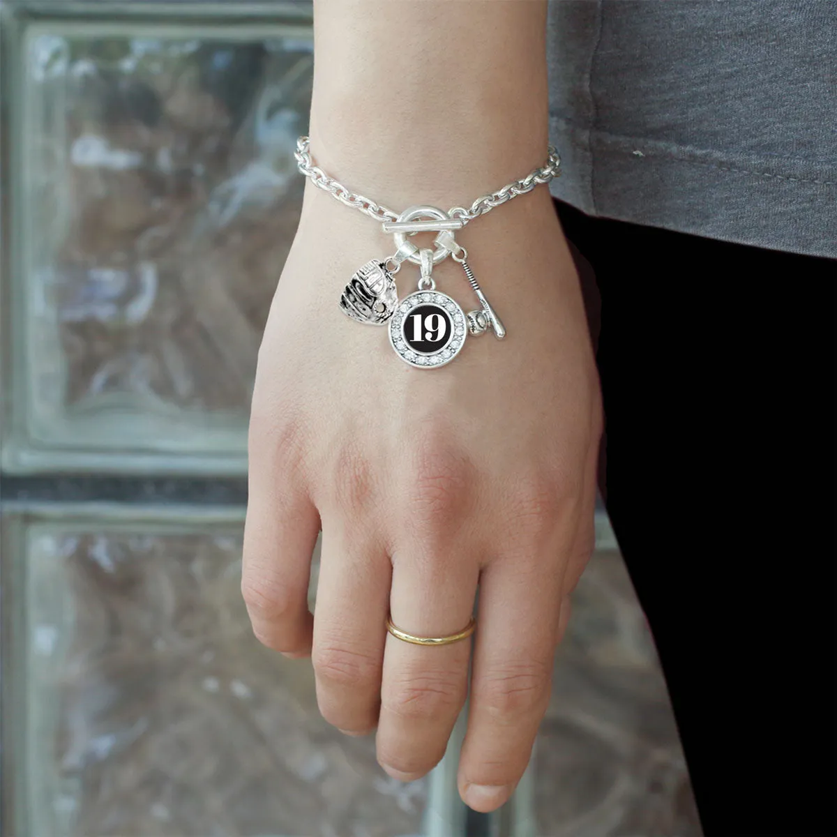 Silver Baseball/Softball - Sports Number 19 Circle Charm Toggle Bracelet