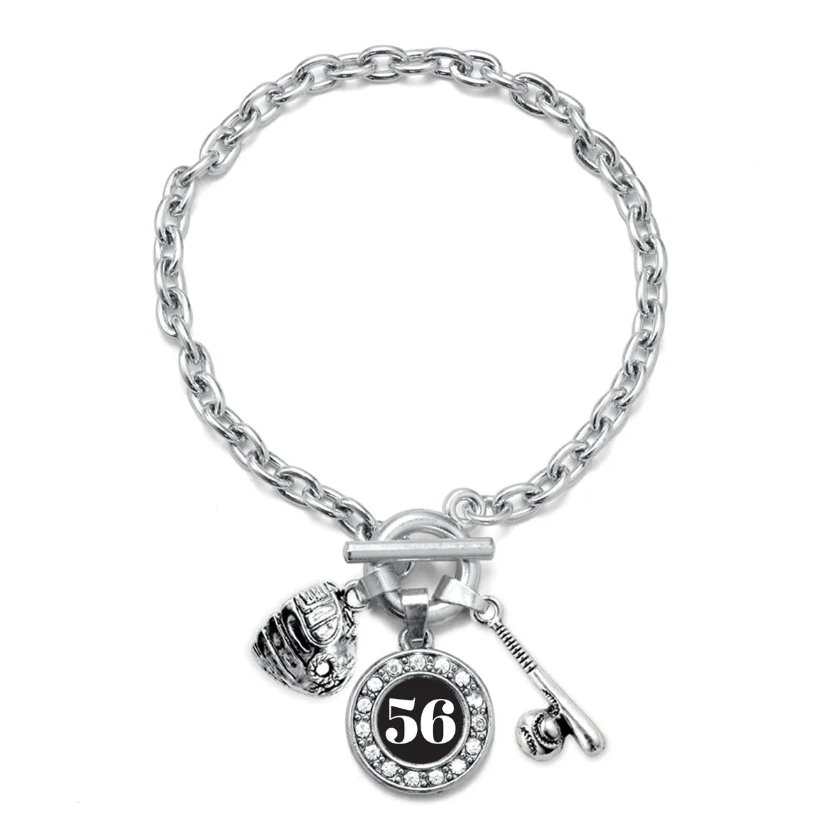 Silver Baseball/Softball - Sports Number 56 Circle Charm Toggle Bracelet