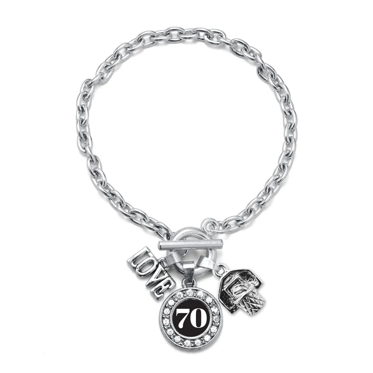 Silver Basketball Hoop - Sports Number 70 Circle Charm Toggle Bracelet