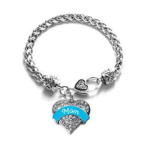 Silver Blue Mom Pave Heart Charm Braided Bracelet