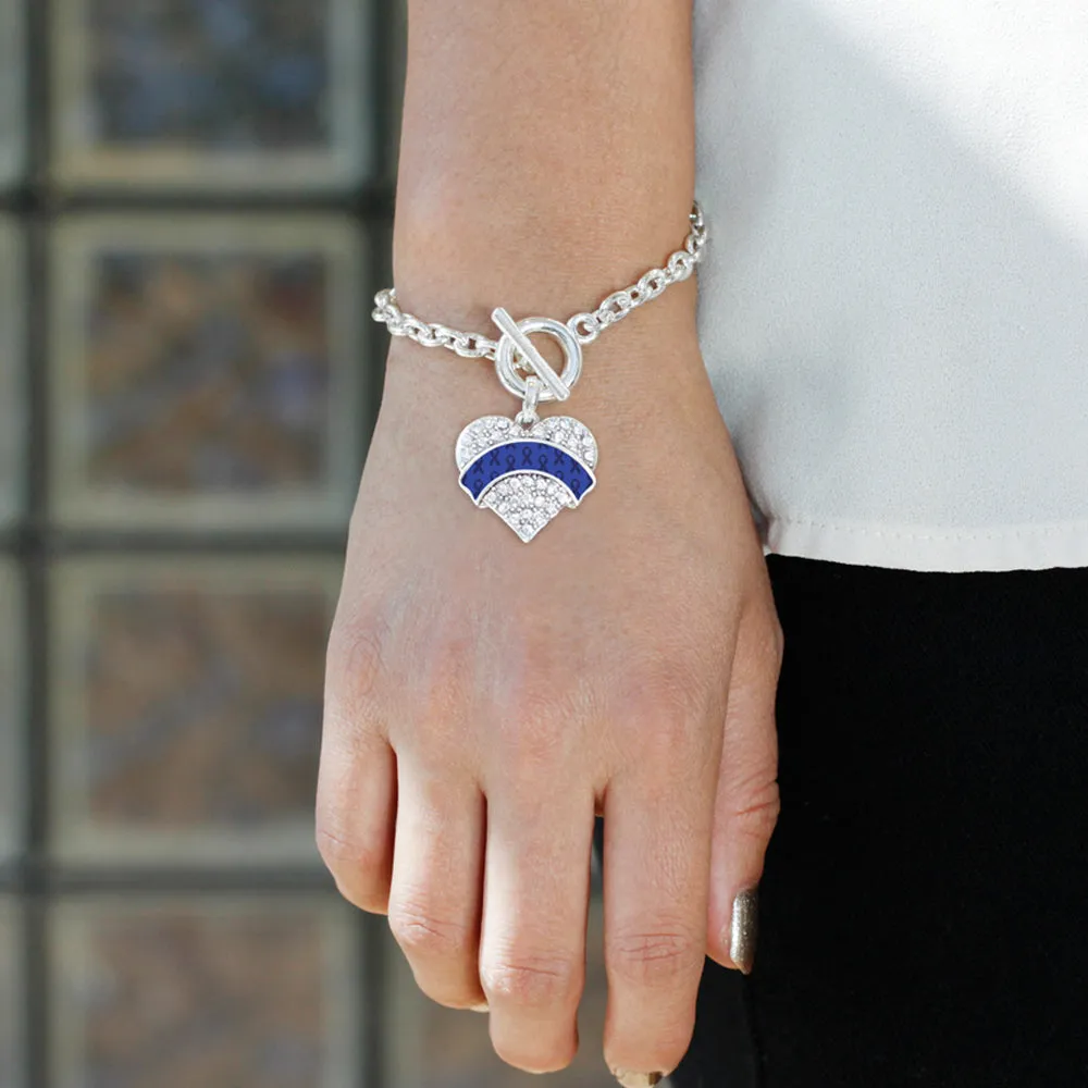 Silver Blue Ribbon Support Pave Heart Charm Toggle Bracelet