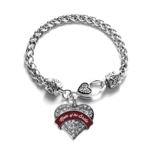 Silver Burgundy Mom of the Bride Pave Heart Charm Braided Bracelet