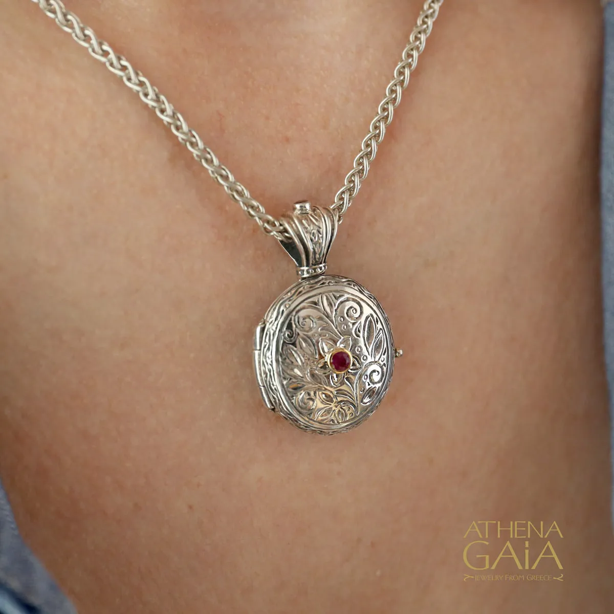 Silver Etched Floral Ruby Locket