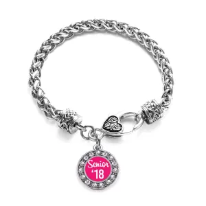 Silver Fuchsia Senior '18 Circle Charm Braided Bracelet