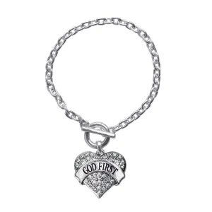 Silver God First Pave Heart Charm Toggle Bracelet