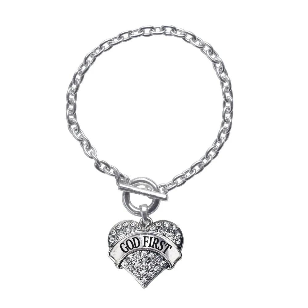 Silver God First Pave Heart Charm Toggle Bracelet