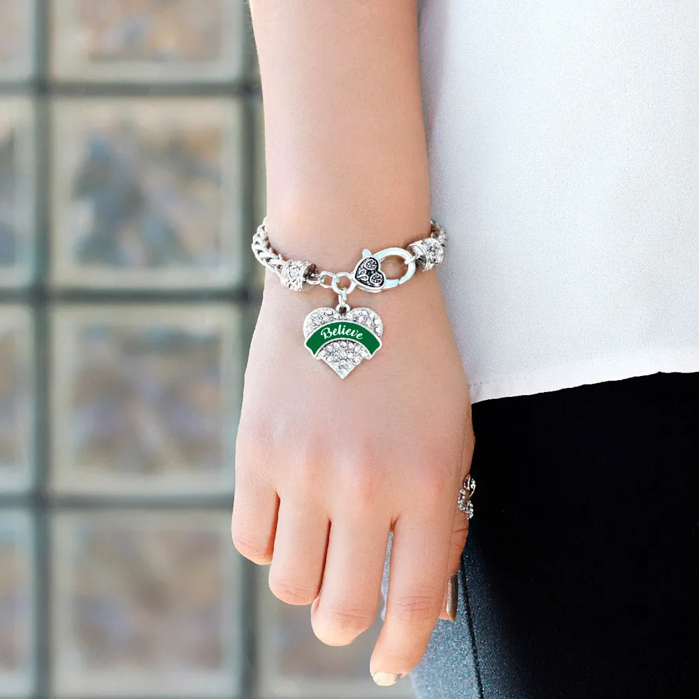 Silver Green Believe Pave Heart Charm Braided Bracelet