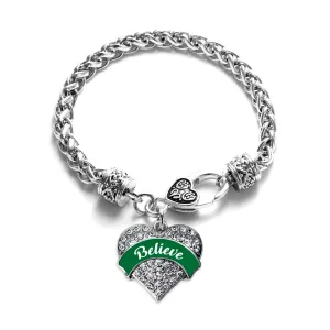 Silver Green Believe Pave Heart Charm Braided Bracelet