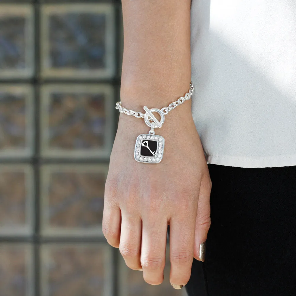 Silver Heart Shaped Key Square Charm Toggle Bracelet