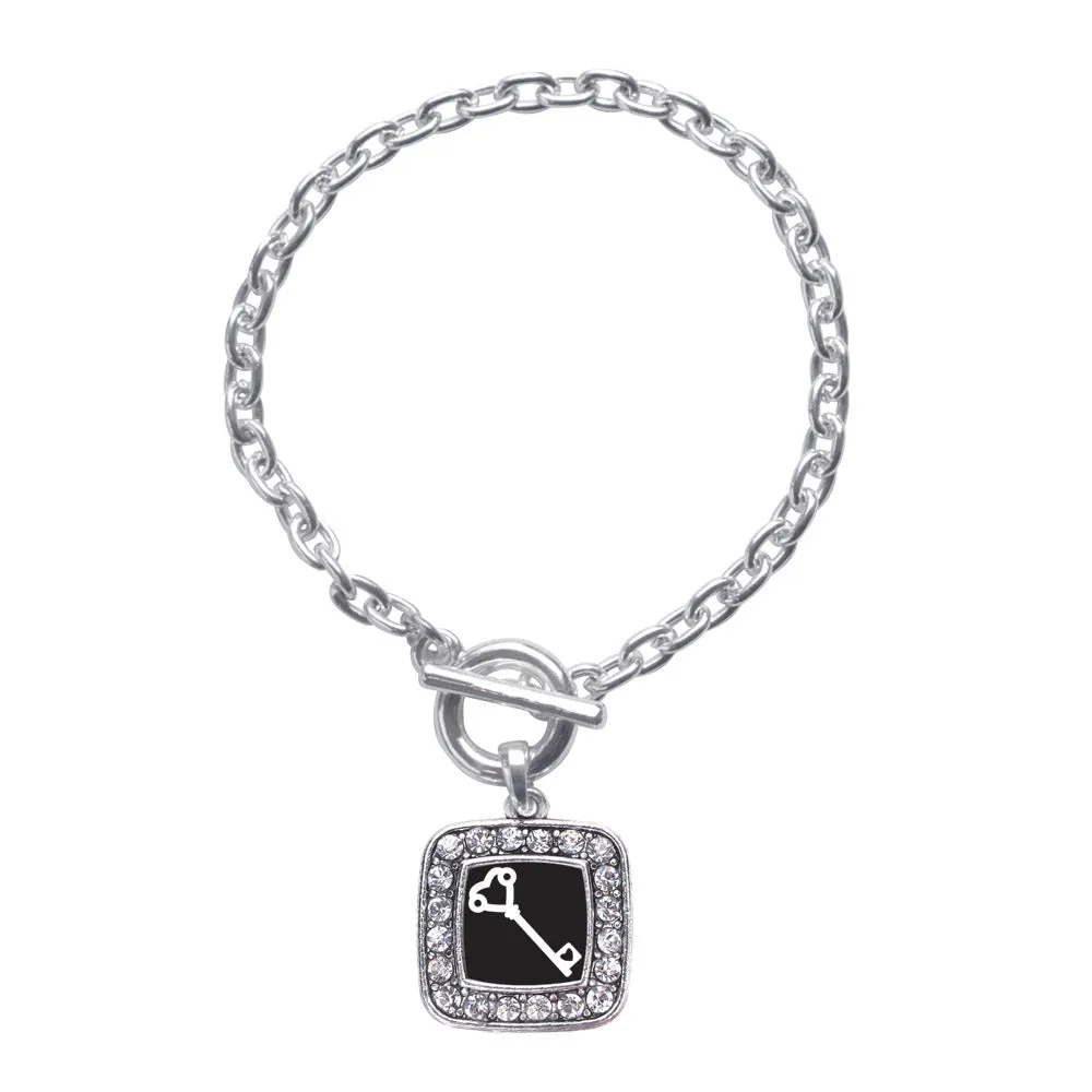 Silver Heart Shaped Key Square Charm Toggle Bracelet