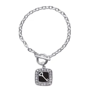 Silver Heart Shaped Key Square Charm Toggle Bracelet