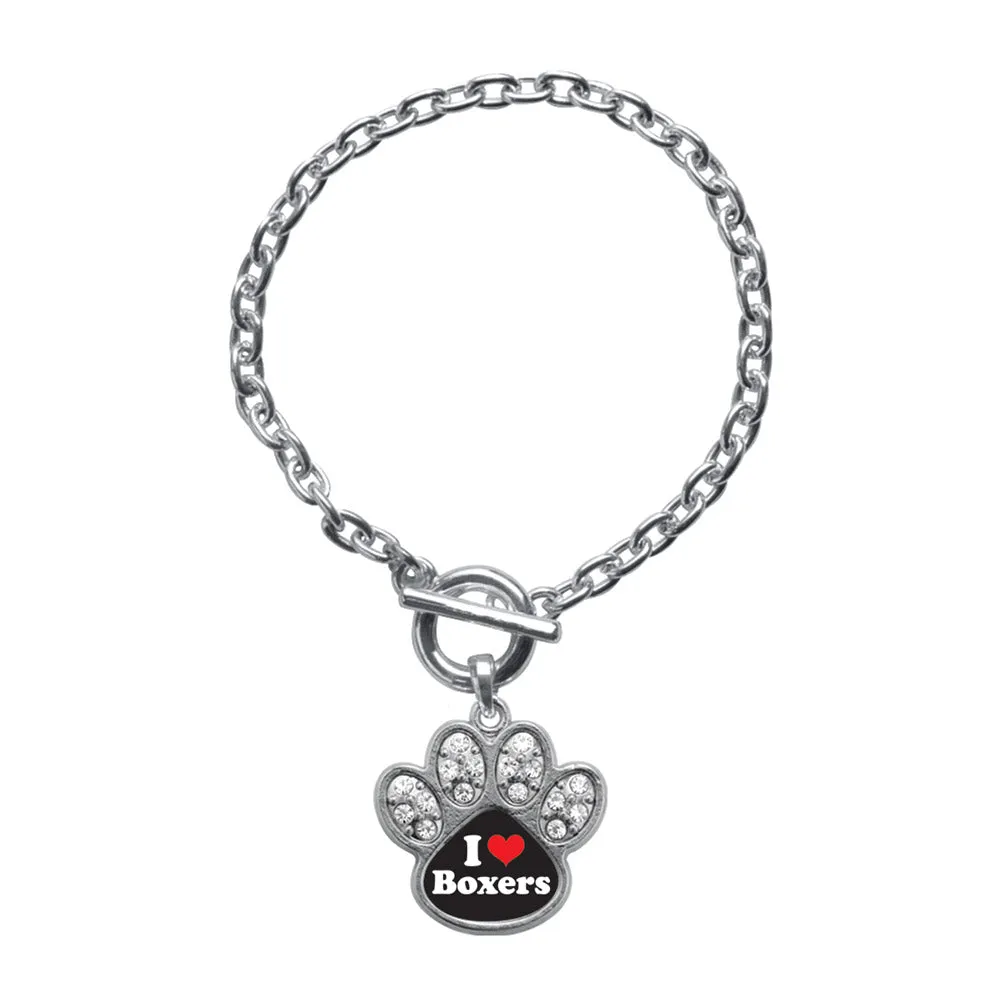 Silver I Love Boxers Pave Paw Charm Toggle Bracelet