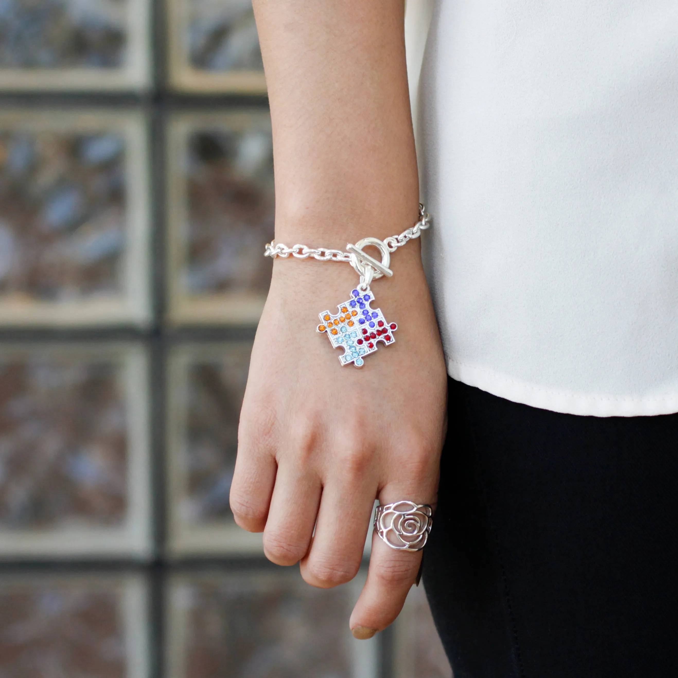 Silver Jigsaw Charm Toggle Bracelet