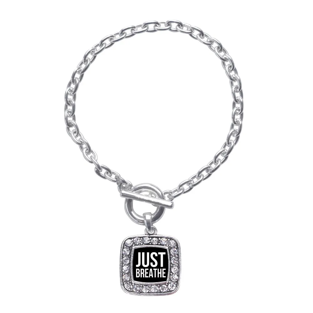Silver Just Breathe Black Square Charm Toggle Bracelet