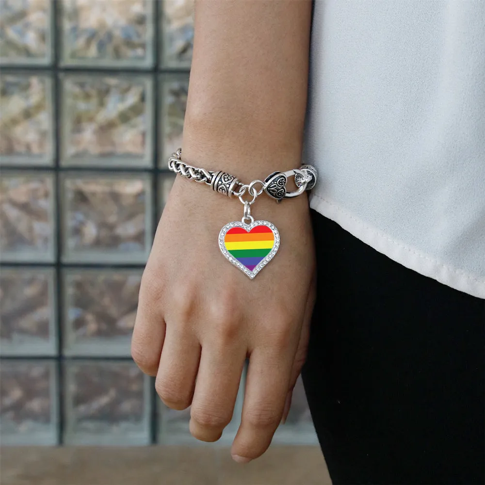 Silver LGBTQ Flag Open Heart Charm Braided Bracelet