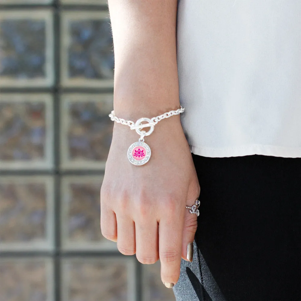 Silver Lotus Circle Charm Toggle Bracelet